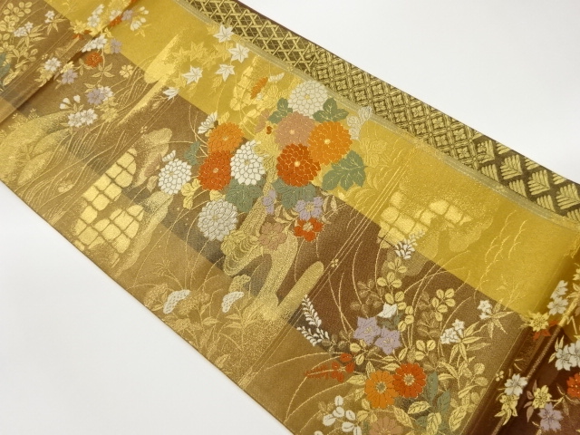 JAPANESE FUKURO OBI / WOVEN AUTUMN FLOWERS